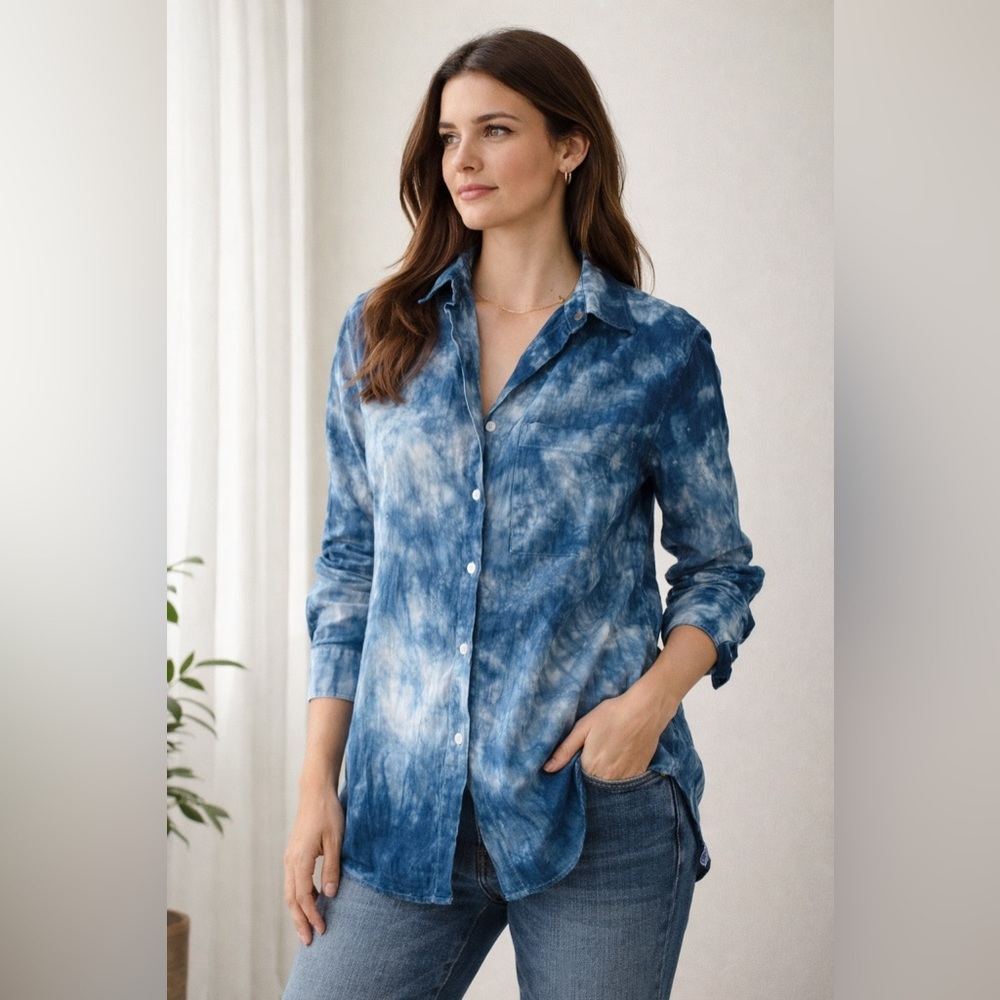 ARKET Indigo Tie-Dye Linen Button Down Blouse Relaxed Fit